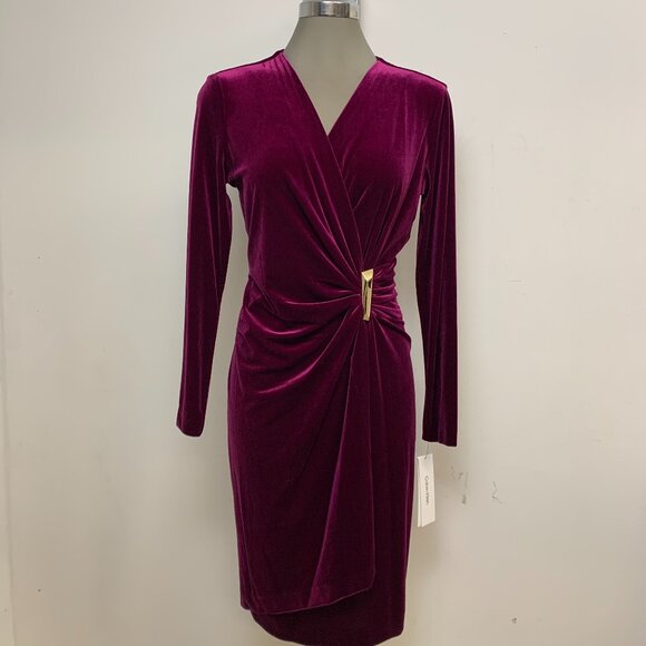 NEW Calvin Klein Elegant Velvet Purple Faux Wrap EZ Fit Sheath Dress - Picture 1 of 6